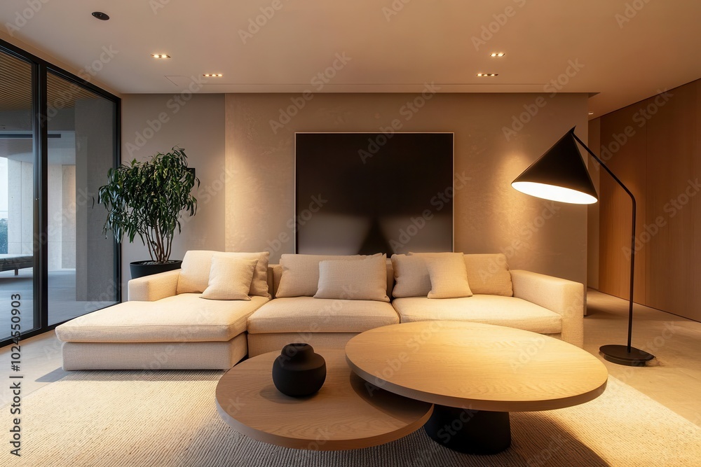 A contemporary living room featuring a large beige sofa, a round wooden coffee table A contemporary living room featuring a large beige sofa, a round wooden coffee table