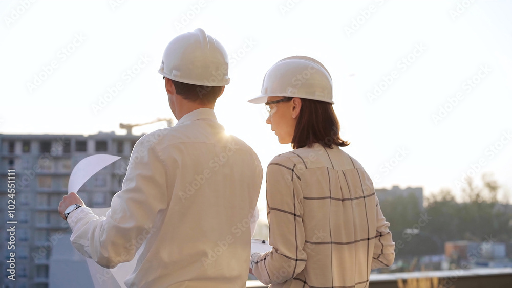 Man and woman architects, wearing safety helmets and glasses, are examining blueprints at a construction site during a sunset, back view. Architecture concept Man and woman architects, wearing safety helmets and glasses, are examining blueprints at a construction site during a sunset, back view. Architecture concept