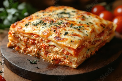 traditional italian lasagna layered with rich bolognese sauce beautifully presented on a rustic table inviting viewers to indulge in this savory comfort food