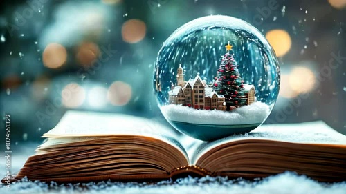 Snow globe featuring a miniature Christmas village with a decorated tree, resting on an open book. Snowflakes fall gently