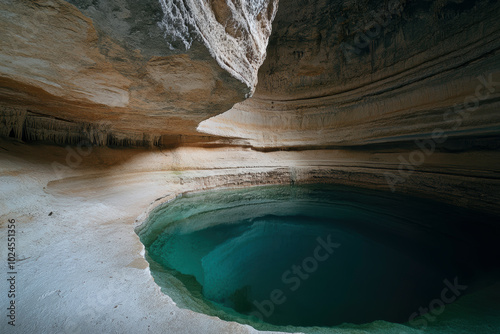 A perfectly round, serene pool sits quietly within geological rock formations, creating a tranquil and harmonious natural scene, inviting reflection and awe in a cenote in Mexico