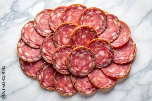 Delicately sliced uncured soppressata dry salami displayed against a clean white backdrop, capturing the essence of gourmet charcuterie artistry in every detail of the photograph. photo