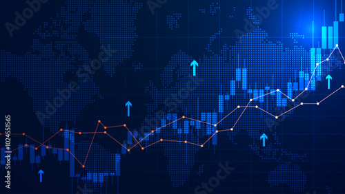Illustration of a rising stock market. Financial bar chart, candlestick, bond data, and upward-sloping graph on a world map background. Improved business information and economic growth data