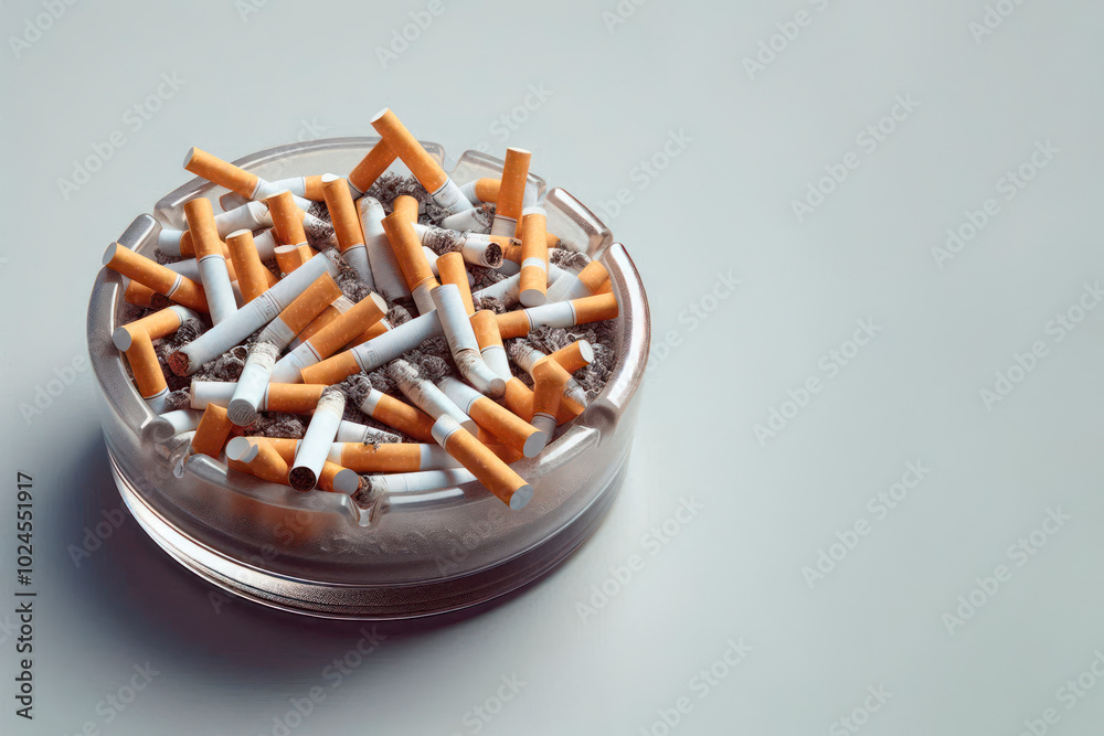 An ashtray with many cigarette butts on a clean background. Space for text. An ashtray with many cigarette butts on a clean background. Space for text.