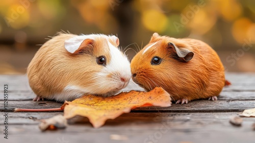 Two guinea pigs sharing a leaf, domestic pet, cute small animal interaction