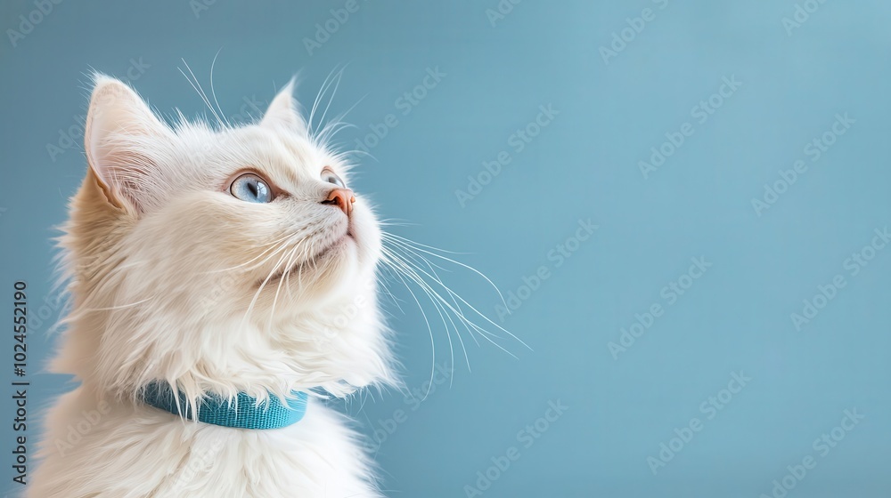 White Persian cat with a blue collar, domestic pet, luxury and elegance in everyday life White Persian cat with a blue collar, domestic pet, luxury and elegance in everyday life