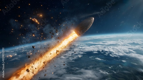 Dramatic scene of a powerful meteor shower striking the Earth with fiery fragments crashing down and causing widespread devastation across the landscape