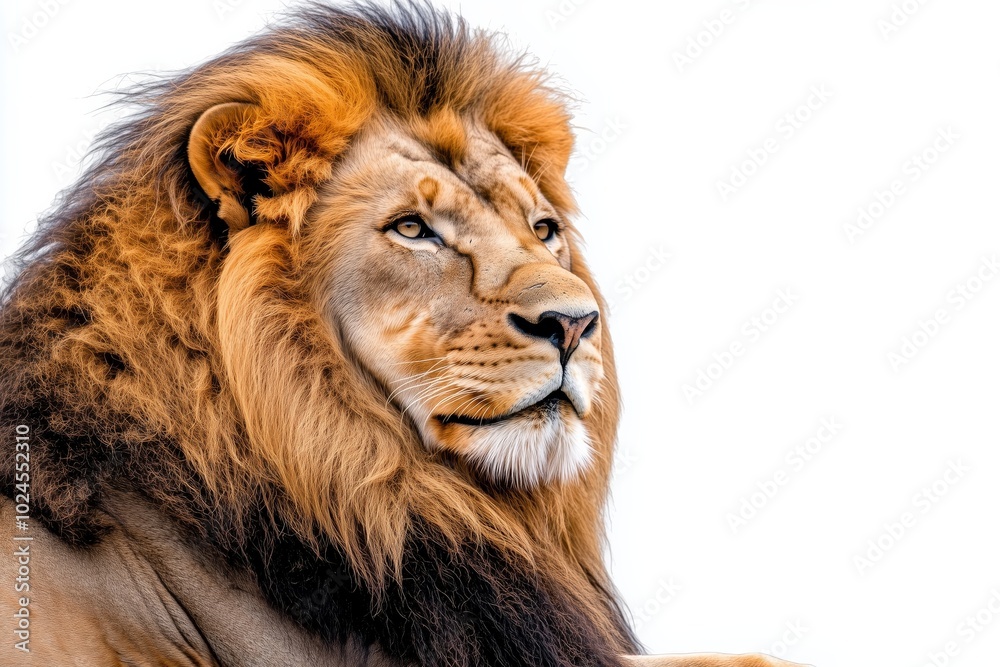 A lion is laying down on a white background A lion is laying down on a white background