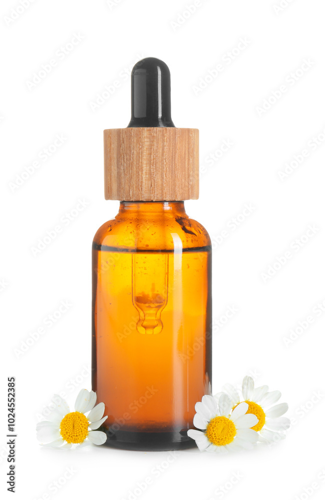 Bottle of tincture and daisy flowers isolated on white Bottle of tincture and daisy flowers isolated on white