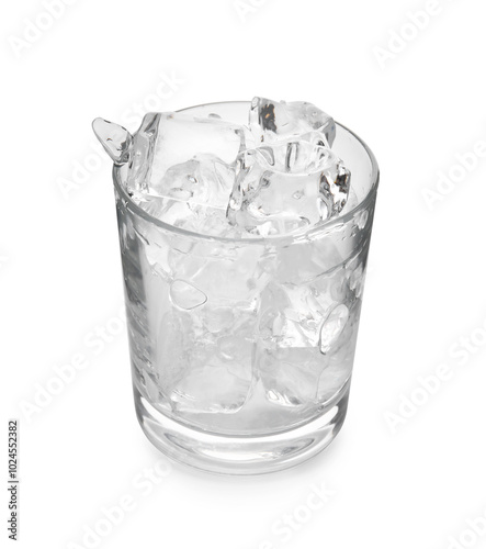 One glass with ice for refreshing drink isolated on white