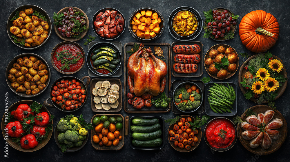 Festive Thanksgiving Spread of Grilled Vegetables and Roasted Turkey Surrounded by Sunflowers Festive Thanksgiving Spread of Grilled Vegetables and Roasted Turkey Surrounded by Sunflowers