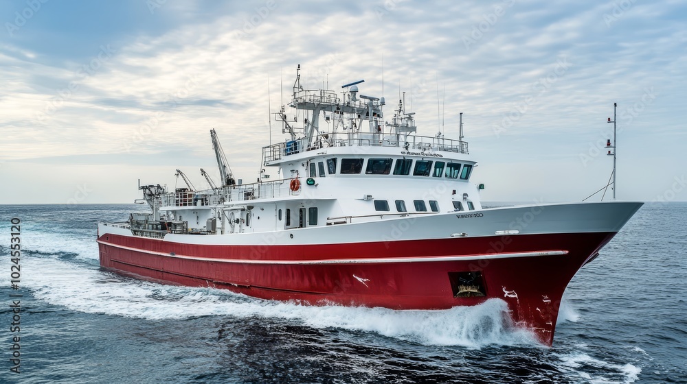 A large fishing vessel cruising through calm ocean waters under a cloudy sky. A large fishing vessel cruising through calm ocean waters under a cloudy sky.