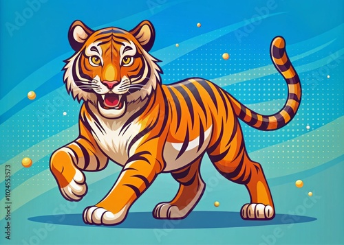 Dynamic vector art showcasing a walking tiger alongside a playful cartoon tiger head, ideal for print use, adding flair to your creative projects. photo