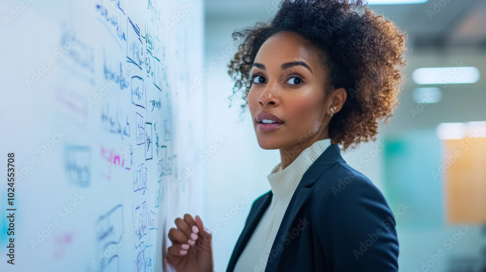 Empowering Innovation: A Young Professional Engaging with Ideas on a Collaborative Whiteboard in a Modern Workspace Empowering Innovation: A Young Professional Engaging with Ideas on a Collaborative Whiteboard in a Modern Workspace