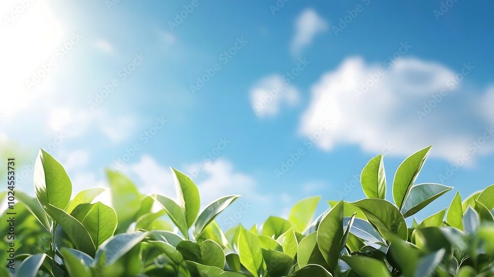 Obraz premium Lush verdant foliage set against a brilliant blue sky offering a serene and calming natural backdrop with ample space for messaging or copy