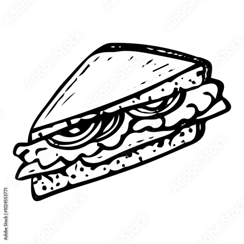 Tuna sandwich with vegetables hand drawn doodle. Toasted bread, fish, lettuce, tomatoes, onions, sauce. Fast food to go. Lunch snack. Time to eat. Vector sketch line art illustration.