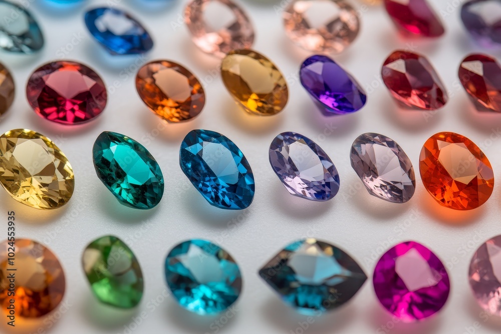 Colorful array of faceted gemstones displayed on a soft surface in a well-lit setting showcasing their brilliance and variety Colorful array of faceted gemstones displayed on a soft surface in a well-lit setting showcasing their brilliance and variety