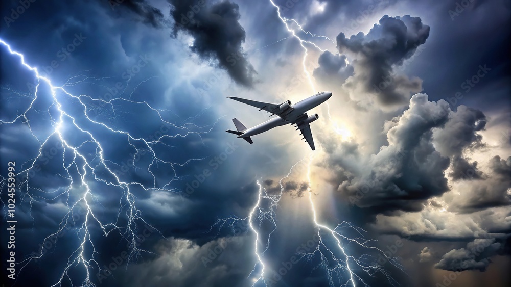 Naklejka premium Stormy skies with lightning bolts over airplane