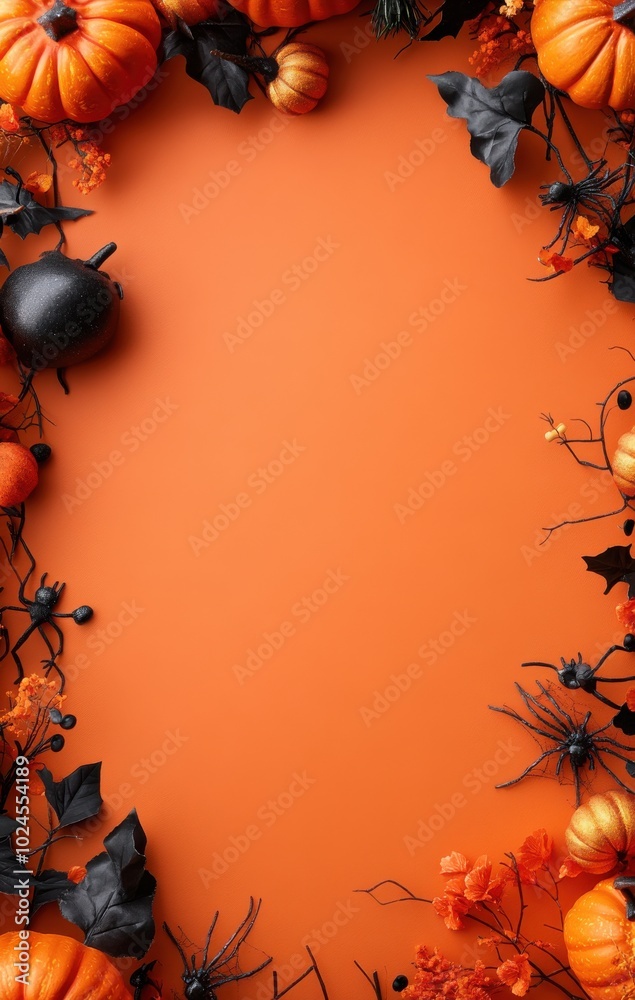 Obraz premium Festive Halloween background with orange pumpkins and black spider decorations on a bright orange sheet of paper