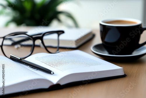 Coffee, book, and glasses on wooden table.