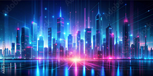 Digital background for technology blue pink and black color with city light effect.