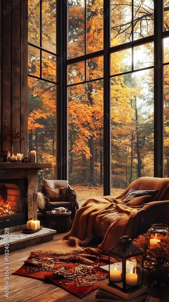 A cozy room with large windows, fall trees outside, a fireplace and comfortable chairs, warm blankets, candles, and autumn decor. A cozy room with large windows, fall trees outside, a fireplace and comfortable chairs, warm blankets, candles, and autumn decor.