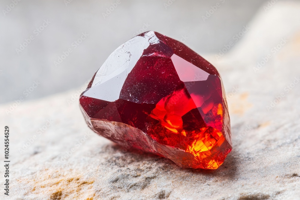 A vibrant red gemstone resting on a textured surface, showcasing its natural beauty and intricate facets under soft lighting A vibrant red gemstone resting on a textured surface, showcasing its natural beauty and intricate facets under soft lighting