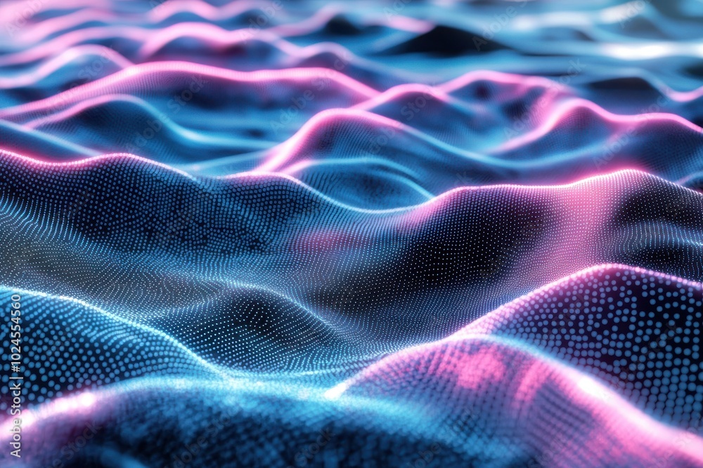 A futuristic digital landscape with dynamic waves composed of tiny illuminated dots in blue A futuristic digital landscape with dynamic waves composed of tiny illuminated dots in blue