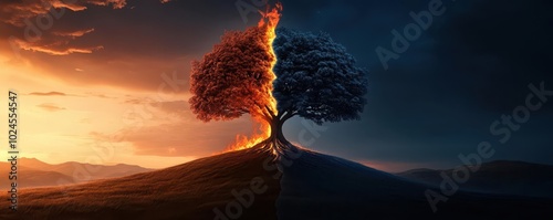 A tree split in two, one half engulfed in flames, the other half covered in darkness. Dramatic sunset in background. photo