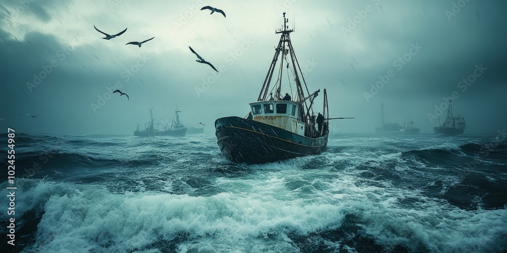 Obraz premium A rugged fishing boat navigates turbulent waters under an overcast sky.