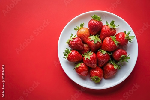 Strawberries arranged on a white plate with a red background in fisheye perspective