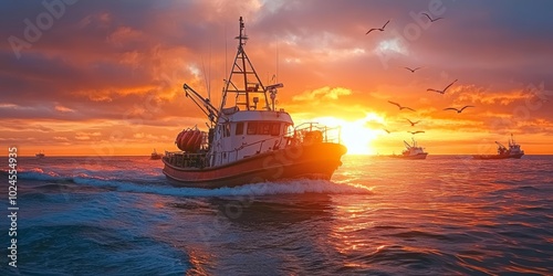 Fishing boat navigates the ocean at sunset with seagulls soaring overhead. photo