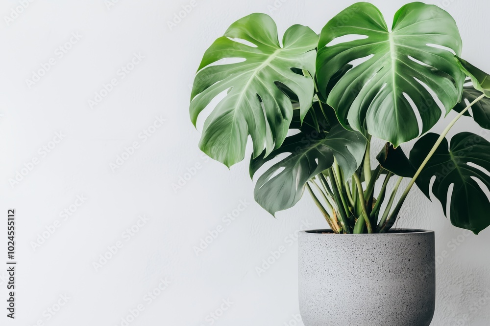clean image of a large leaf house plant Monstera deliciosa in a gray pot on a white background 