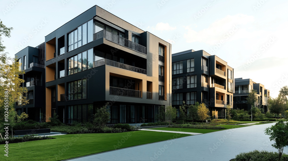 Modern residential apartment buildings with large windows and balconies surrounded by landscaped greenery and paths under a clear sky. Modern residential apartment buildings with large windows and balconies surrounded by landscaped greenery and paths under a clear sky.