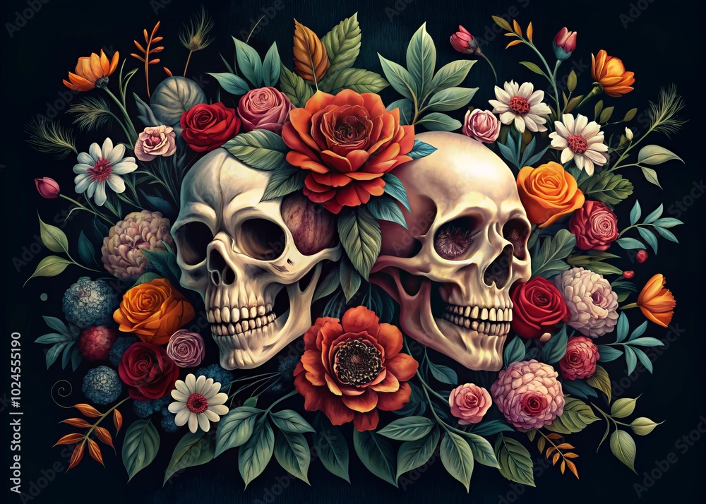 Elevate your decor with this low-light floral skull illustration. Ideal for dark aesthetics, it blends beauty and macabre, adding depth to your surroundings. Elevate your decor with this low-light floral skull illustration. Ideal for dark aesthetics, it blends beauty and macabre, adding depth to your surroundings.