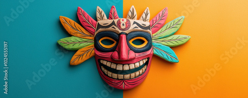 vibrant folkloric mask featuring colorful feathers and intricate designs, symbolizing Hispanic culture and tradition. This artistic piece showcases rich cultural heritage and craftsmanship