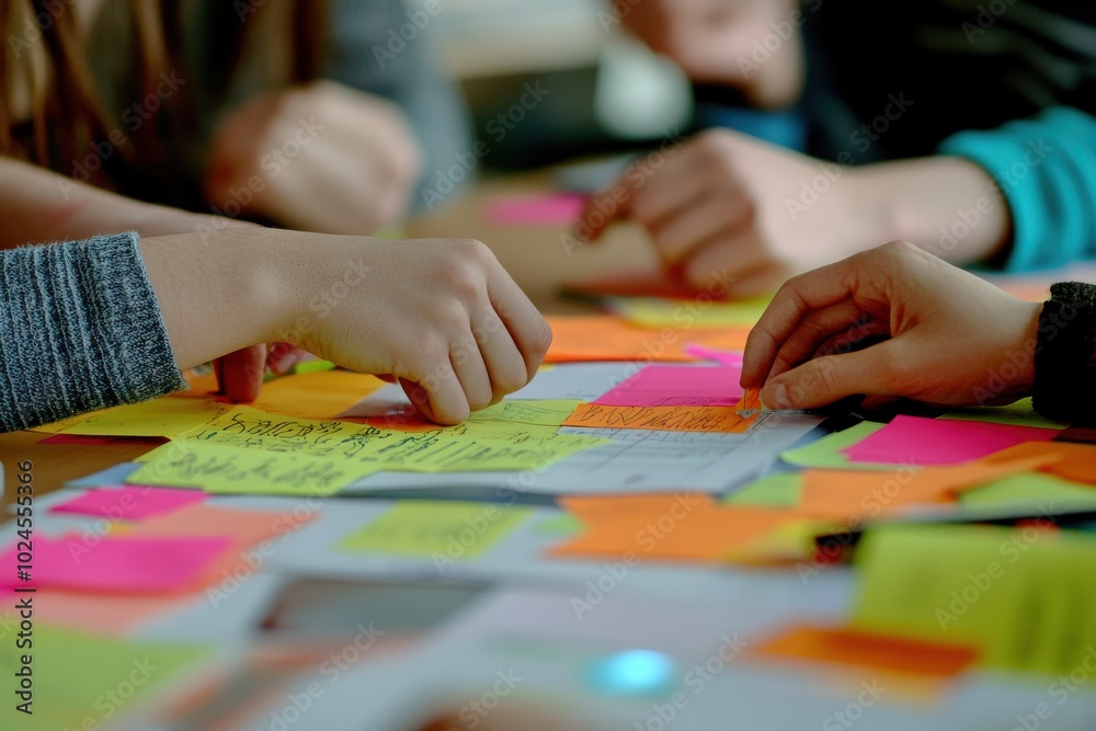 A group of people collaborating over a table filled with colorful sticky notes and documents A group of people collaborating over a table filled with colorful sticky notes and documents