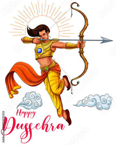 Lord Rama killing Ravana, Dussehra festival of India. hand drawn illustration