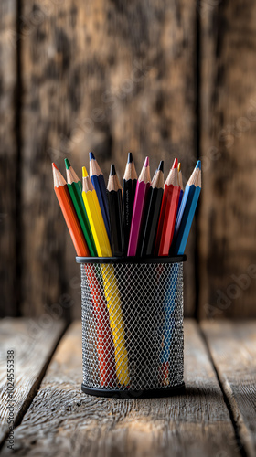 Colorful pencils in a mesh holder, wooden table photo
