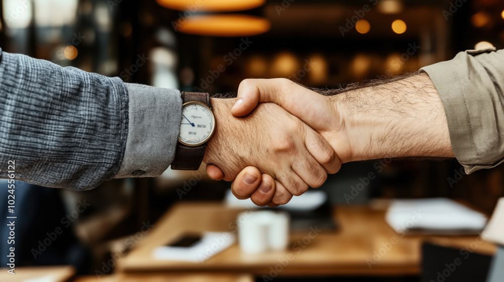 Close-up of two people shaking hands in a casual setting, one wearing a watch, with a blurred background suggesting a caf꧃ 漀爀 漀昀昀椀挀攀 攀渀瘀椀爀漀渀洀攀渀琀⸀� Close-up of two people shaking hands in a casual setting, one wearing a watch, with a blurred background suggesting a caf꧃ 漀爀 漀昀昀椀挀攀 攀渀瘀椀爀漀渀洀攀渀琀⸀�