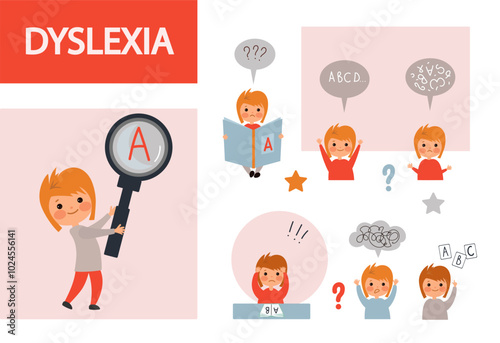 Dyslexia child concept. Dyslexia infographic. cute boy holds a large magnifying glass and studies the letters. Reading skills.  speech Therapy ,Vector illustration isolated on white background.