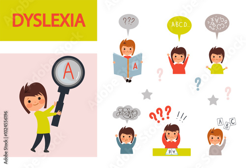 Dyslexia child concept. Dyslexia infographic. cute boy holds a large magnifying glass and studies the letters. Reading skills.  speech Therapy ,Vector illustration isolated on white background.