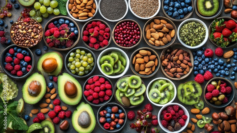 A large assortment of fresh fruits, nuts, and seeds is spread across a table. Berries, avocados A large assortment of fresh fruits, nuts, and seeds is spread across a table. Berries, avocados