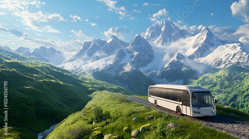 Futuristic bus navigating a high altitude mountain pass with breathtaking snow capped peaks in the distance captured from an aerial perspective that highlights the grandeur and scale of the rugged