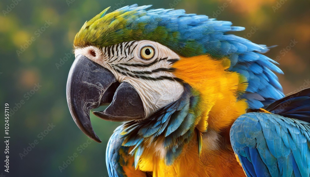 Fototapeta premium A striking Blue and Gold Macaw sitting on a tree branch showcasing its bright feathers against a vivid background