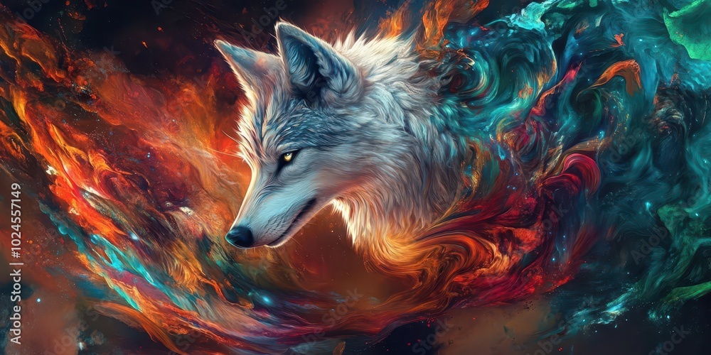 A majestic white wolf surrounded by vibrant abstract colors. A majestic white wolf surrounded by vibrant abstract colors.