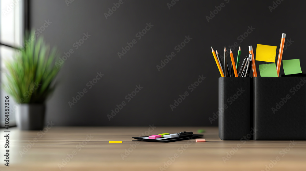 Office supplies on wooden desk, modern workspace. Office supplies on wooden desk, modern workspace.
