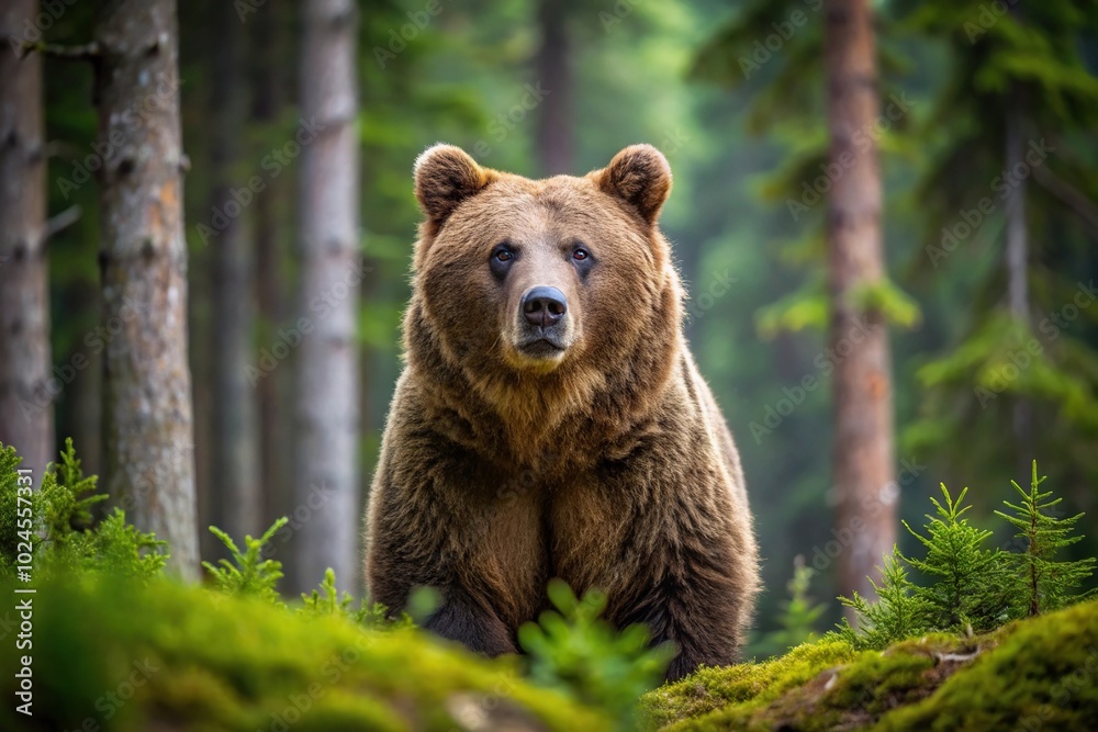 Strong majestic powerful impressive brown bear hunting in dense wild forest habitat, seen from a low angle view Strong majestic powerful impressive brown bear hunting in dense wild forest habitat, seen from a low angle view