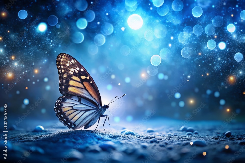 Enchanting night image features a butterfly on a vivid blue background, ideal for nature lovers and enthusiasts who cherish the intricate beauty of wildlife. Enchanting night image features a butterfly on a vivid blue background, ideal for nature lovers and enthusiasts who cherish the intricate beauty of wildlife.