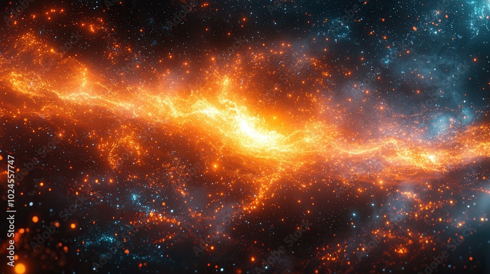 A spectacular cosmic scene featuring a glowing galaxy with vibrant orange and blue colors amidst a starry background, reflecting the beauty of the universe.